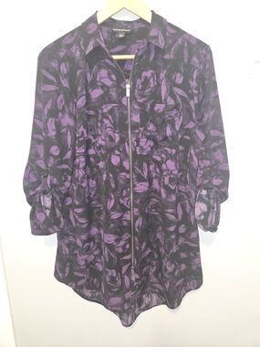Rock & Republic Purple and Black Zip-Front Floral Shirt Tunic